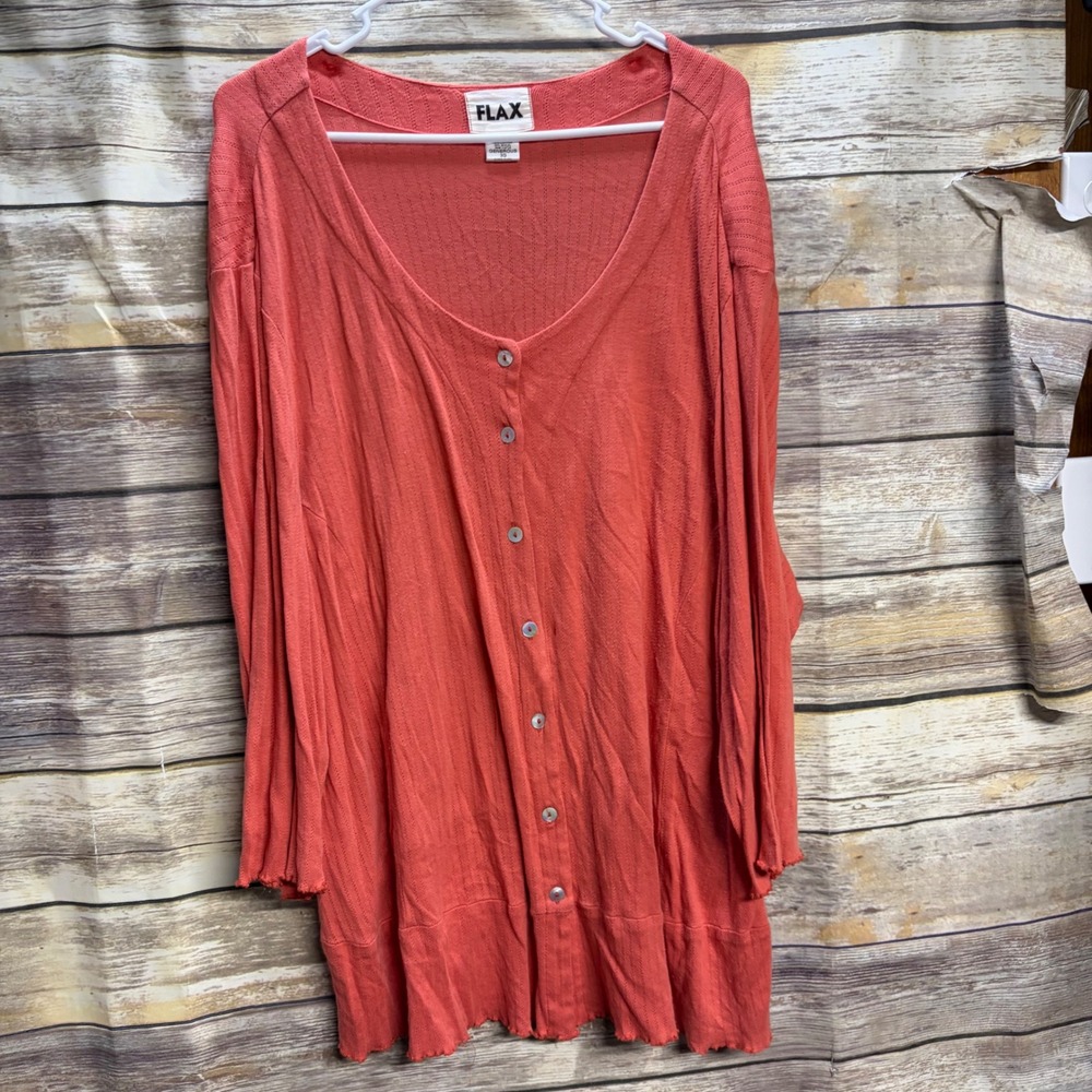 Flax Generous 3G Coral Orange Cotton Modal Pointelle Knit Cardigan Sweater Lagen